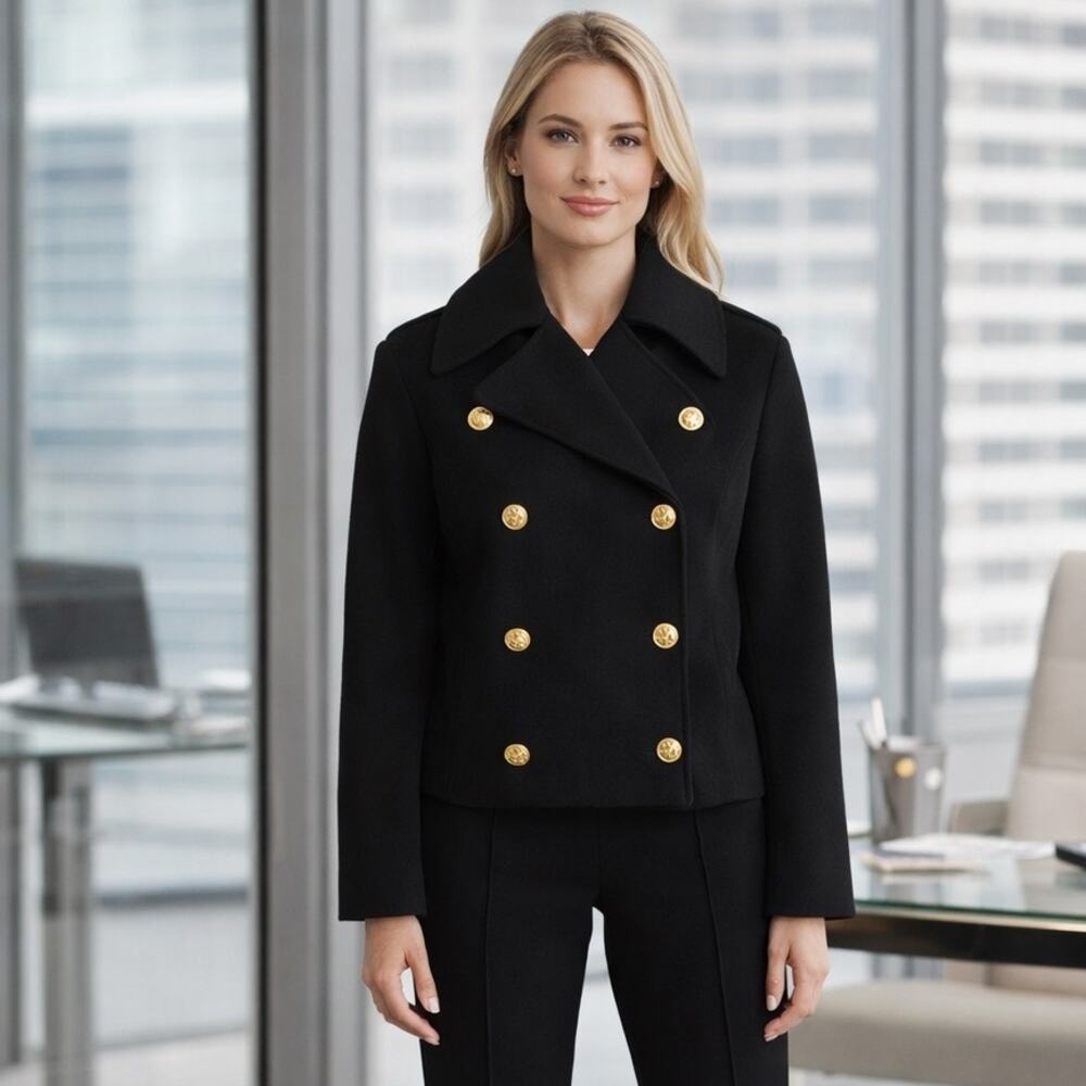 Rebecca Minkoff Cropped Pea Coat Black Gold Button Jacket Size Large NWT